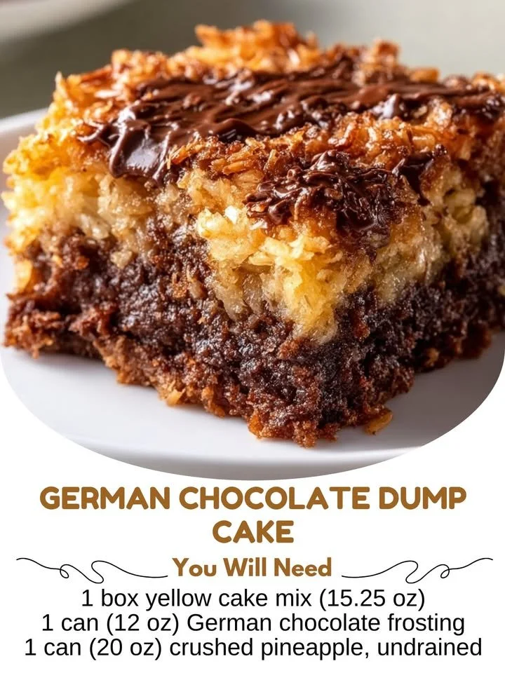 Delicious German Chocolate Dump Cake topped with coconut and pecans