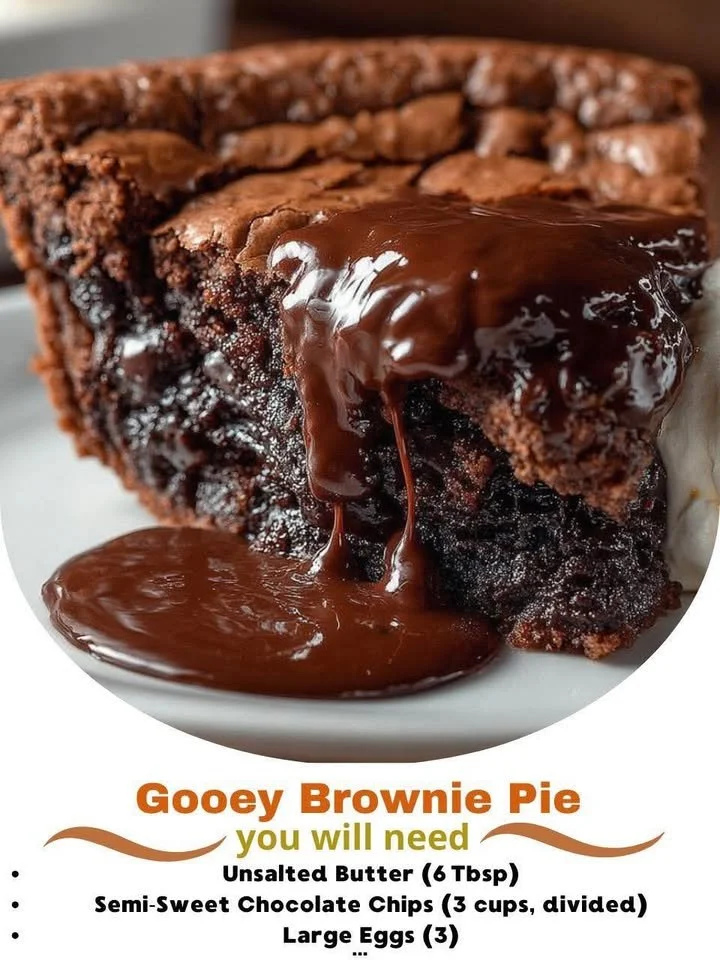 Delicious gooey brownie pie topped with chocolate and served on a plate