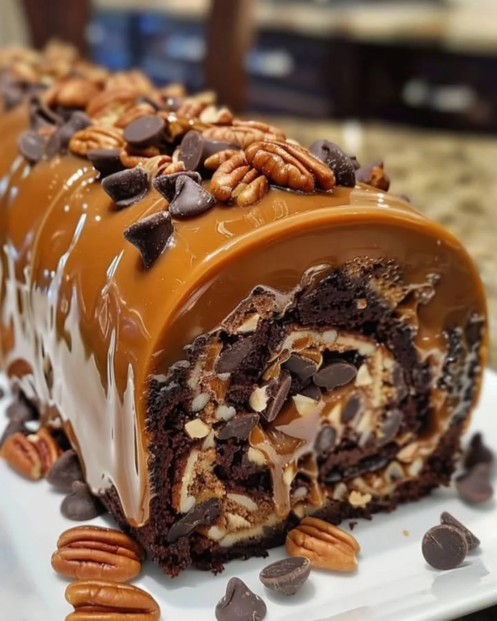 Gooey Chocolate Caramel Turtle Cake Roll with drizzled chocolate and caramel
