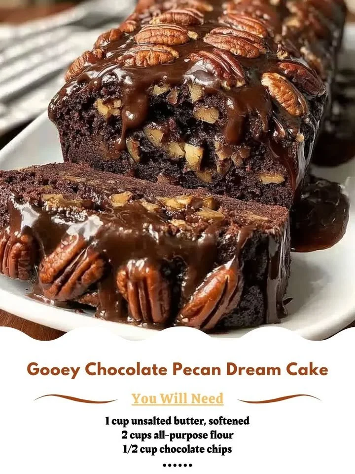 Delicious chocolate pecan cake topped with gooey chocolate and chopped pecans.