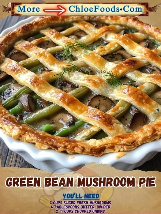 Homemade green bean mushroom pie with flaky crust and savory filling