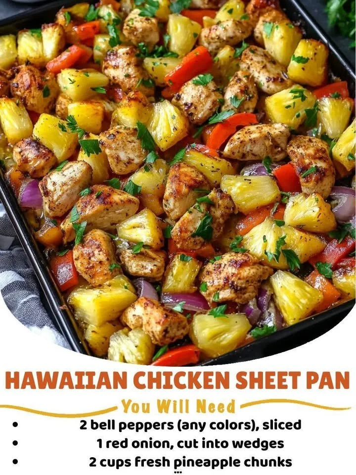 Hawaiian Chicken Sheet Pan with vibrant vegetables and pineapple glaze