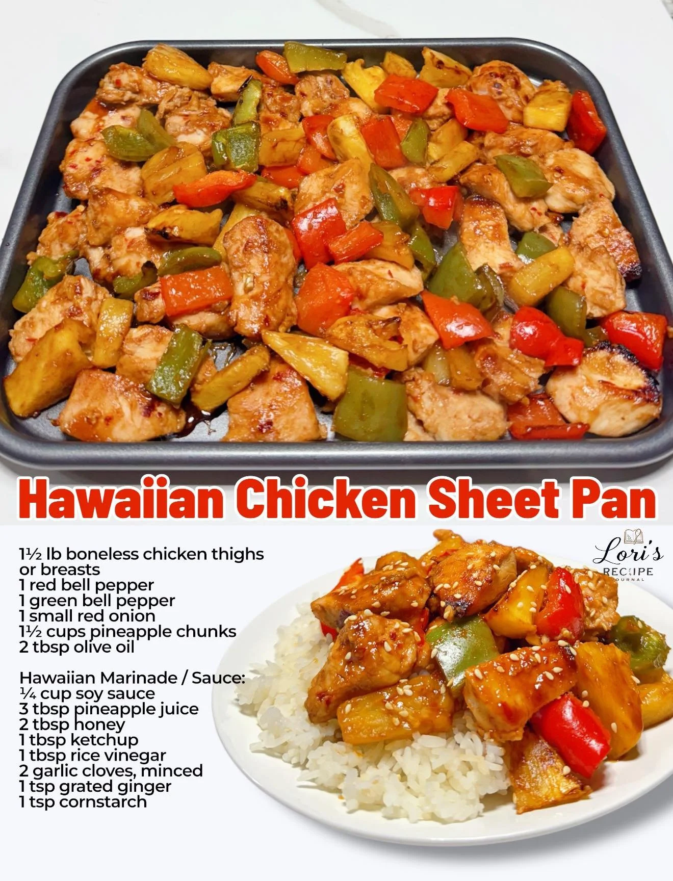 Healthy Hawaiian Chicken Sheet Pan meal with vibrant vegetables and juicy chicken