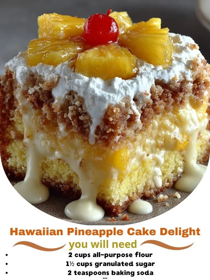 Delicious Hawaiian Pineapple Cake slice served with fresh pineapple and coconut flakes.