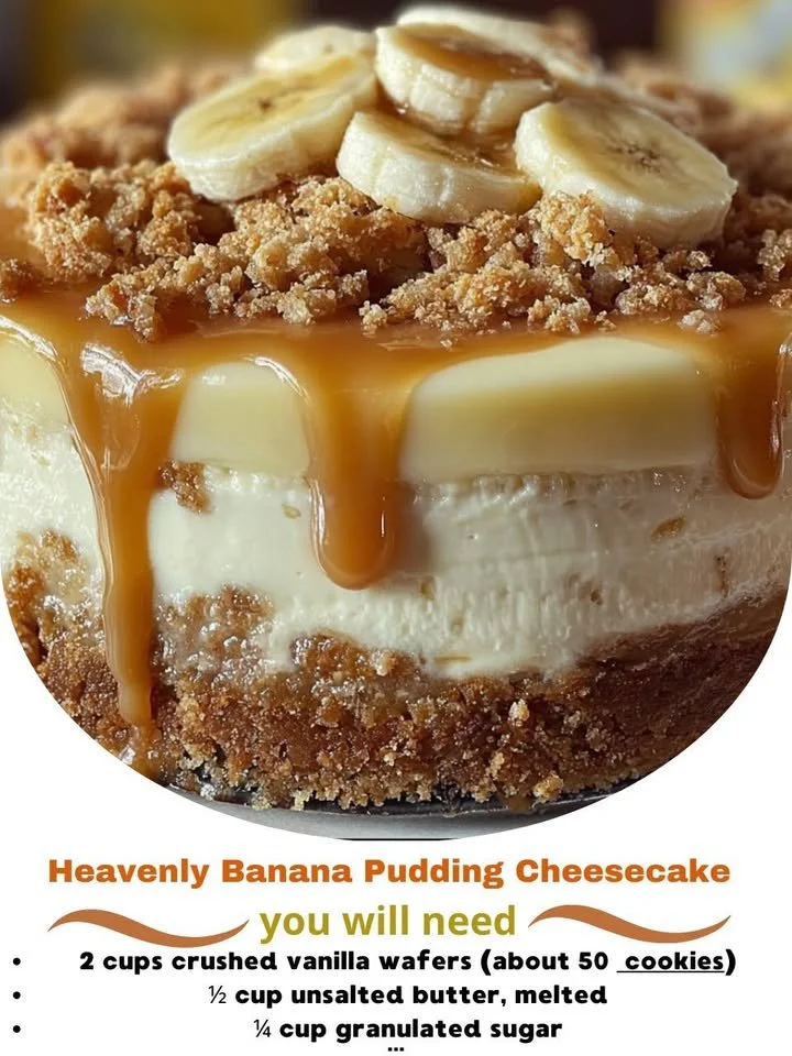 Heavenly Banana Pudding Cheesecake topped with banana slices and whipped cream