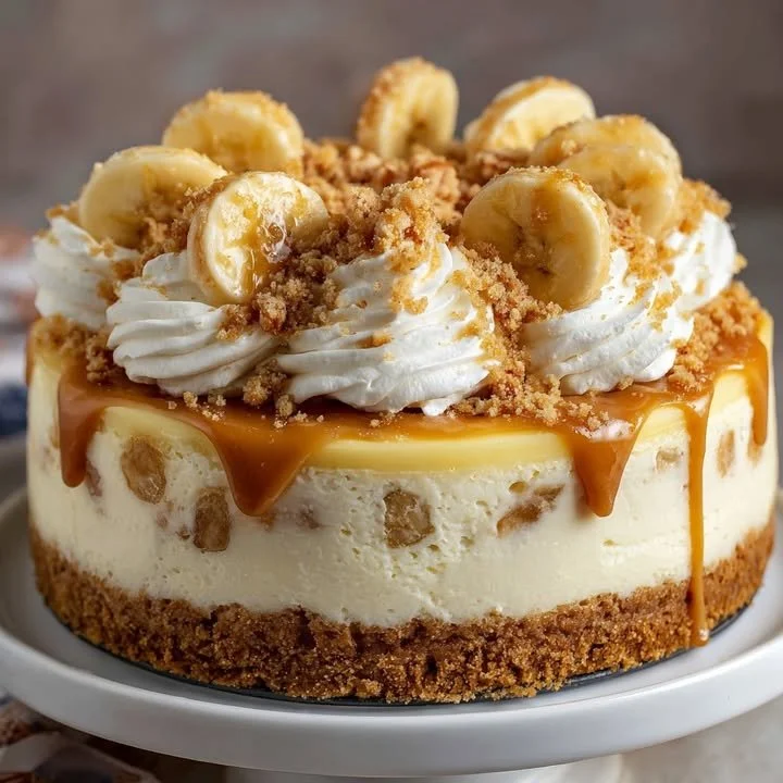 Slice of Heavenly Banana Pudding Cheesecake topped with banana slices and whipped cream