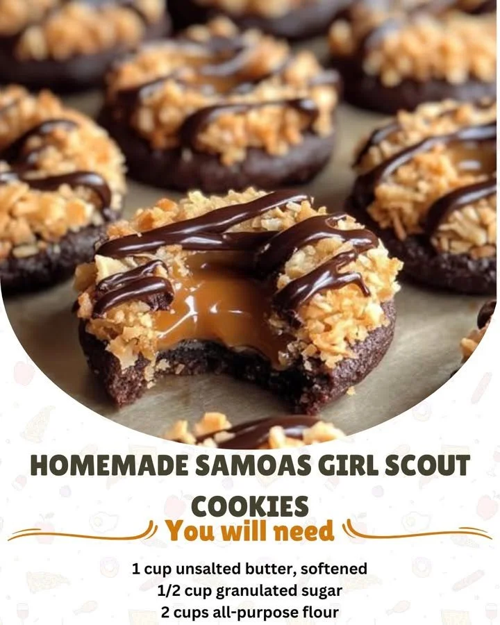 Homemade Samoas Girl Scout cookies with coconut and chocolate drizzles