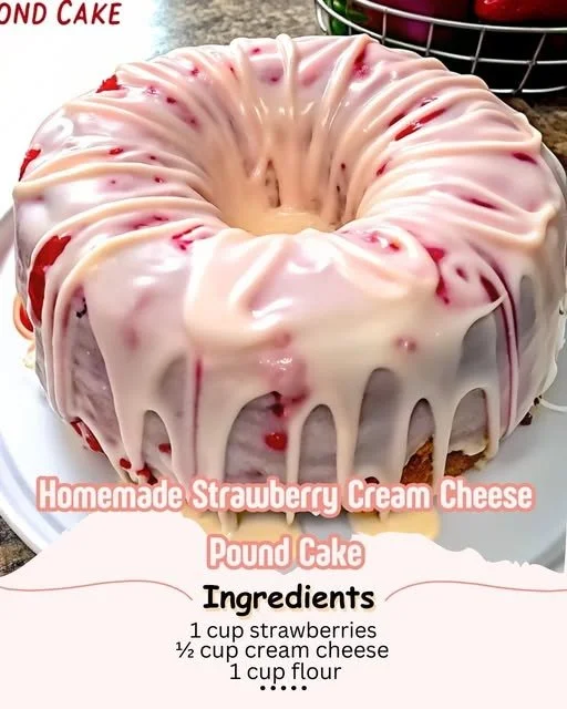 Sliced homemade strawberry cream cheese pound cake with fresh strawberries