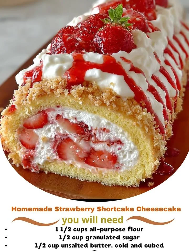 Homemade strawberry shortcake cheesecake topped with fresh strawberries and whipped cream.
