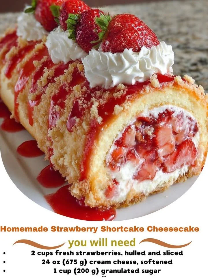 Homemade strawberry shortcake cheesecake topped with fresh strawberries and whipped cream