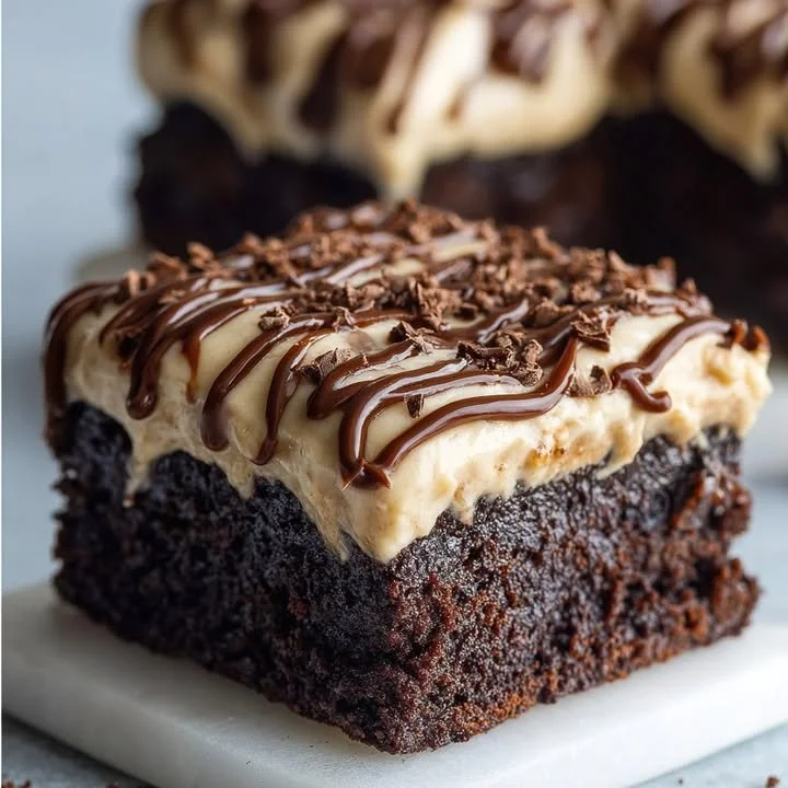Delicious Irish cream brownies topped with chocolate glaze