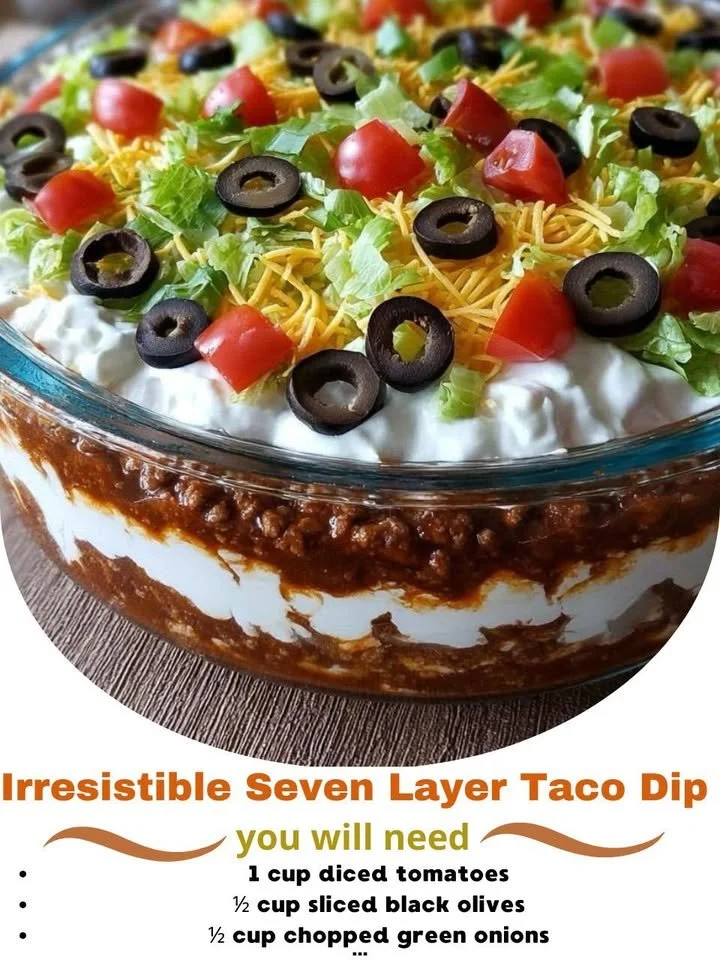 Delicious seven layer taco dip served in a colorful dish with toppings.