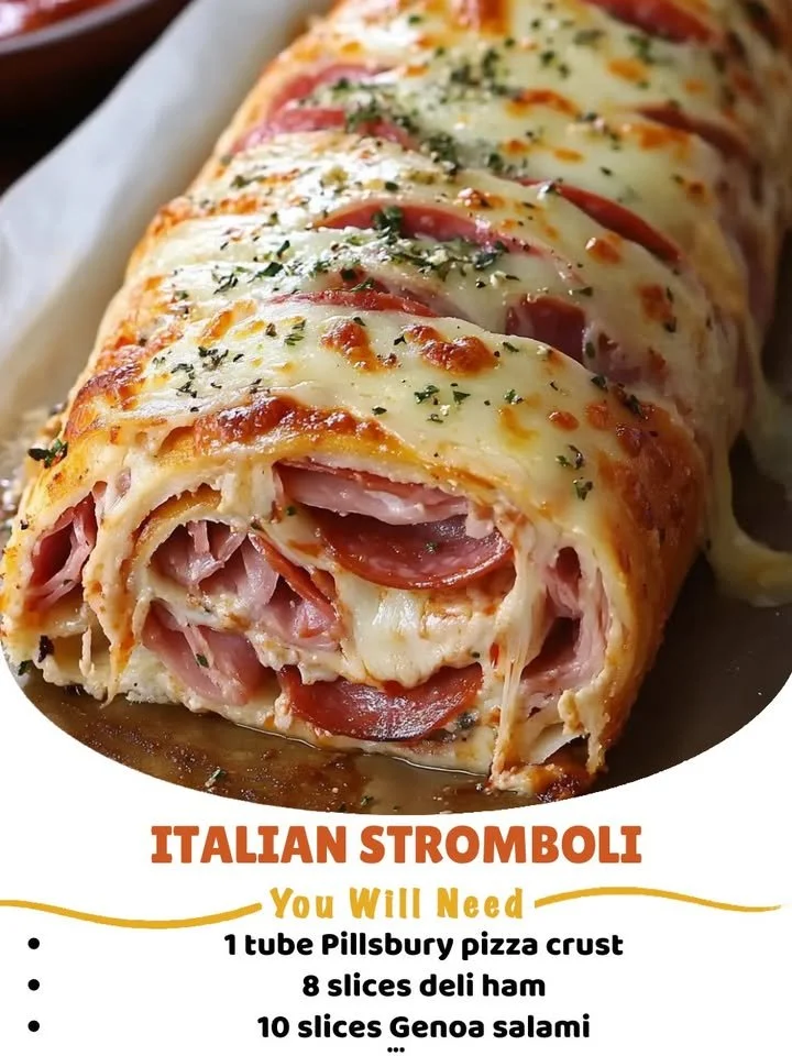 Homemade Italian Stromboli filled with meats and cheeses on a rustic wooden table