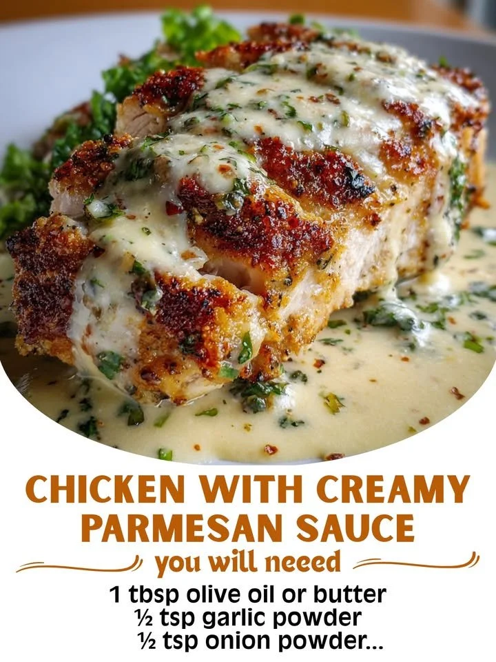 Juicy baked Caesar chicken with creamy Parmesan sauce on a plate