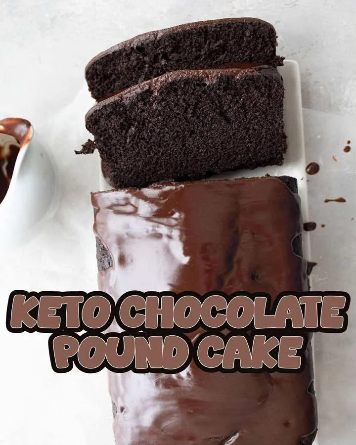 Delicious Keto Chocolate Pound Cake served on a white plate with chocolate drizzle.