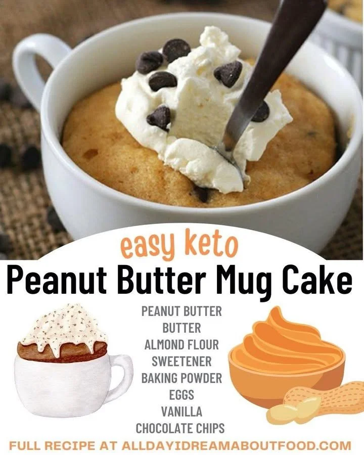 Delicious keto peanut butter mug cake topped with whipped cream