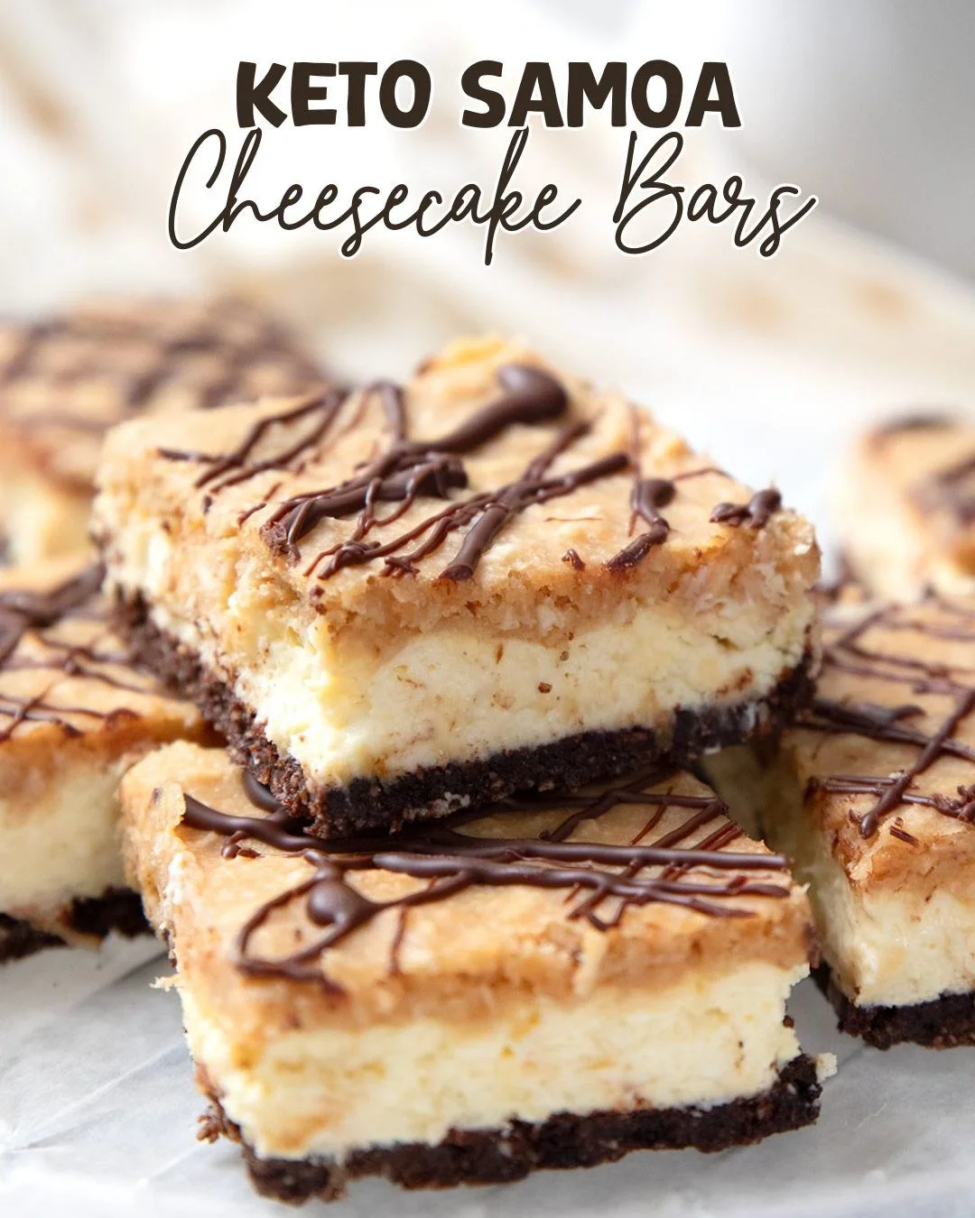 Delicious Keto Samoa Cheesecake Bars topped with chocolate and coconut