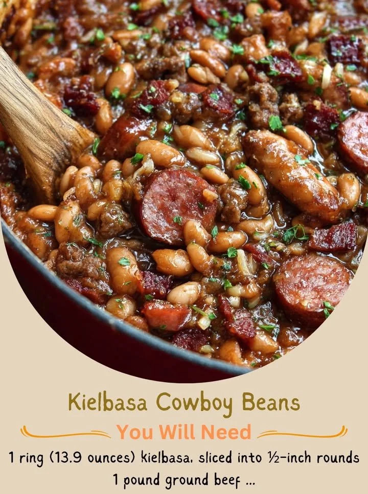 Delicious bowl of Kielbasa Cowboy Beans garnished with fresh herbs