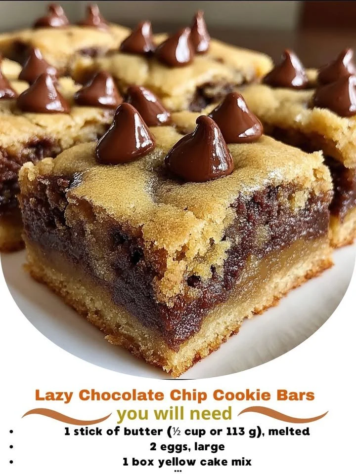 Delicious Lazy Chocolate Chip Cookie Bars served on a plate with chocolate chips.