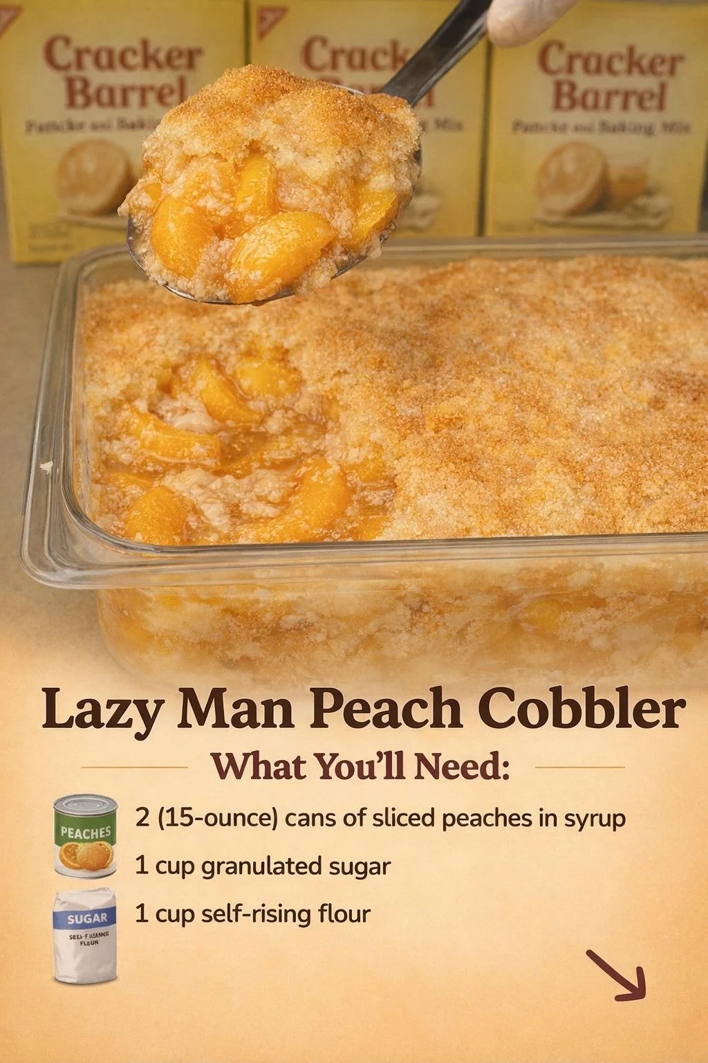 Delicious Lazy Man's Peach Cobbler dessert fresh out of the oven.