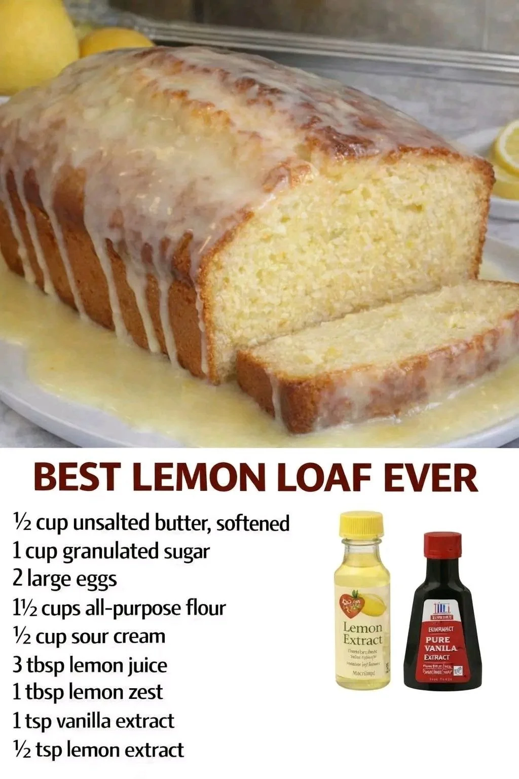 Delicious homemade Lemon Loaf with a glaze on top, showcasing its moist texture.
