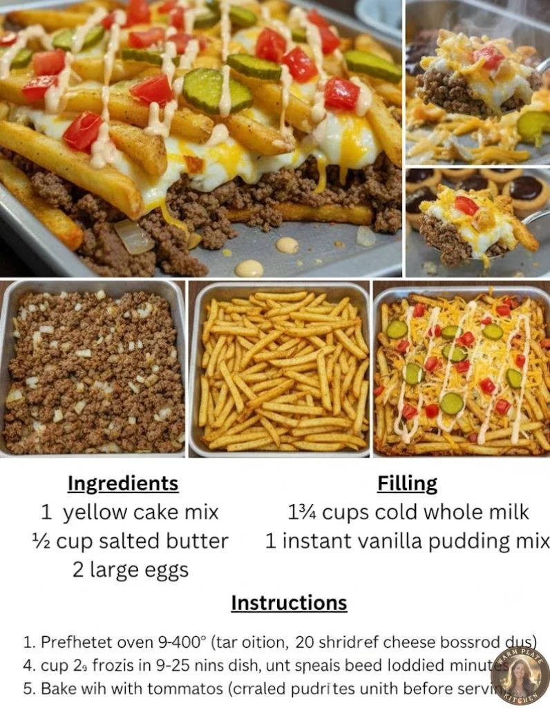Loaded cheeseburger fries casserole with melted cheese and toppings