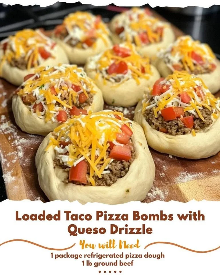 Loaded taco pizza bombs with queso drizzle, perfect for parties and gatherings.