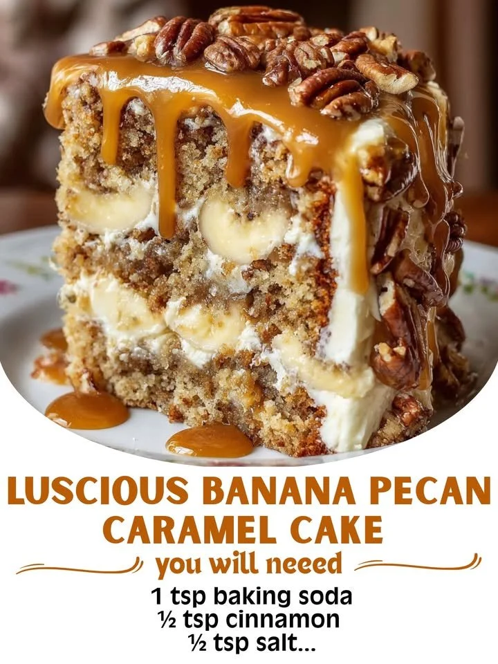 Luscious Banana Pecan Caramel Cake topped with caramel and pecans