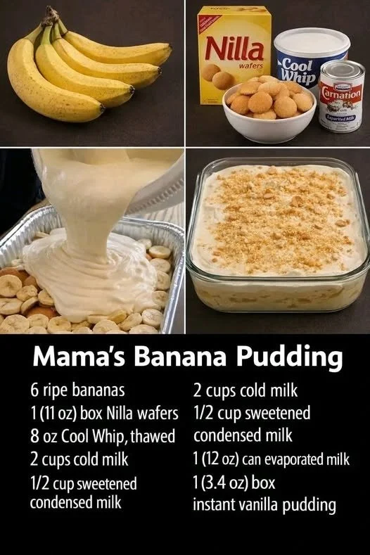 Delicious bowl of Mama's homemade banana pudding with layers of bananas and whipped cream.