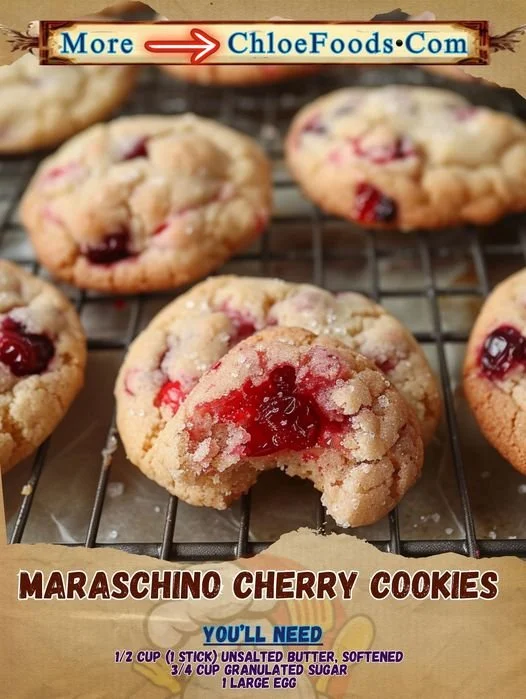 Freshly baked Maraschino Cherry Cookies on a cooling rack