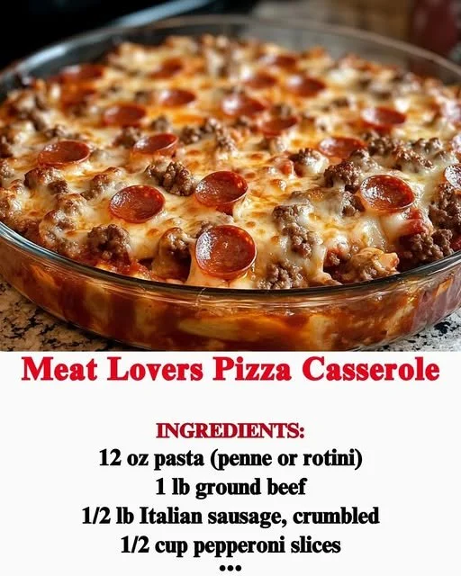 Delicious Meat Lovers Pizza Casserole with various meats and cheese