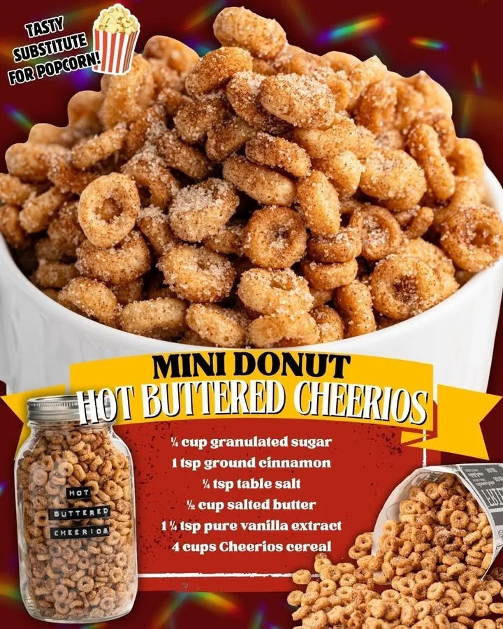 Delicious mini donut hot buttered Cheerios served in a bowl