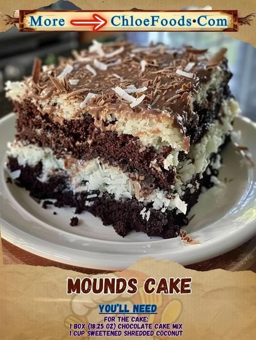 Delicious Mounds Cake with chocolate and coconut layers on a plate.