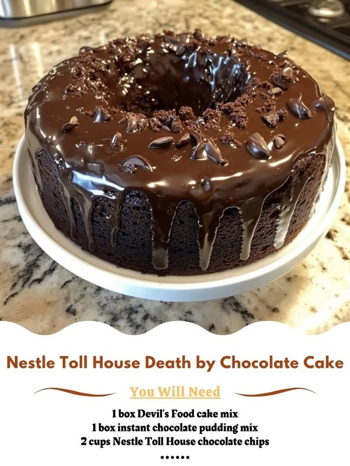 Deliciously rich Nestlé Toll House Death by Chocolate Cake with chocolate shavings