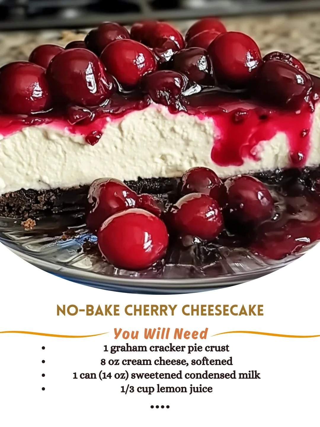 Delicious no-bake cherry cheesecake topped with fresh cherries.