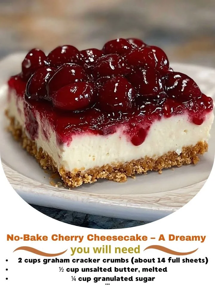 Delicious no-bake cherry cheesecake with a graham cracker crust and cherry topping