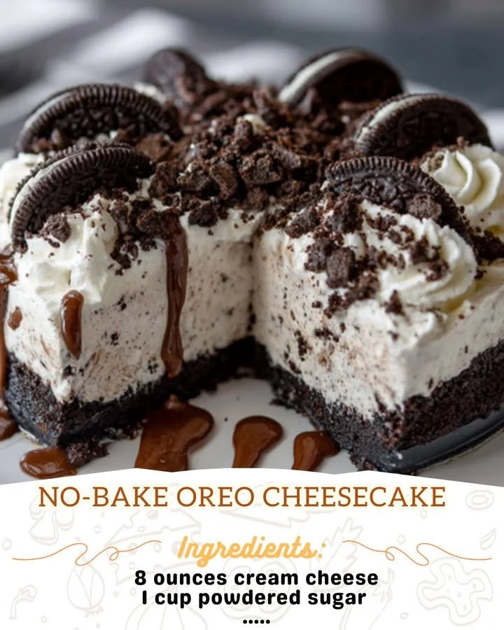 Delicious No-Bake Oreo Cheesecake topped with crushed Oreos and chocolate