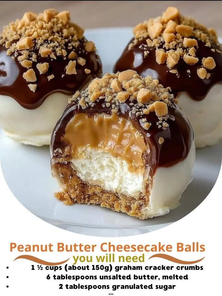 No-Bake Peanut Butter Cheesecake Balls topped with chocolate drizzle