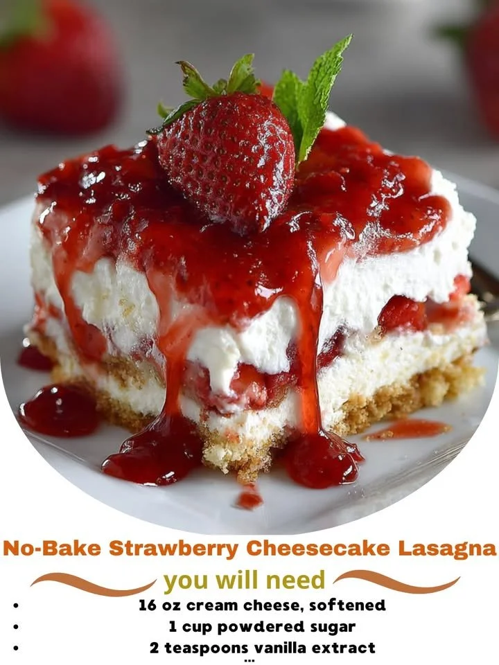 No-Bake Strawberry Cheesecake Lasagna with fresh strawberries and creamy layers
