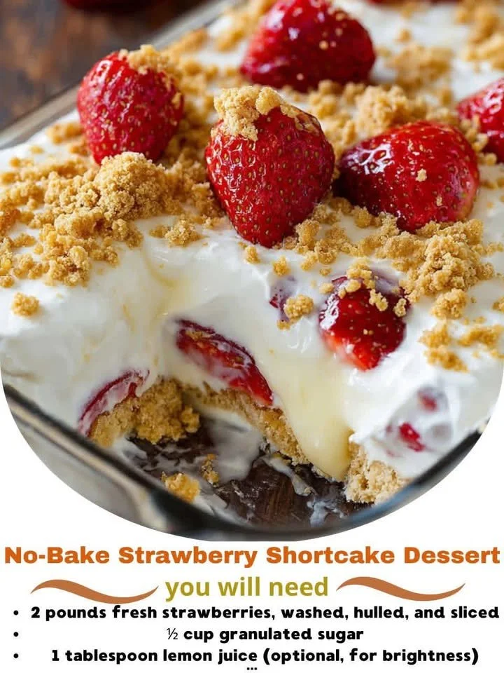 No-bake strawberry shortcake dessert with fresh strawberries and whipped cream