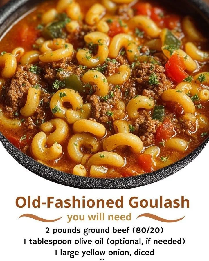 Bowl of old-fashioned goulash with beef, noodles, and vegetables