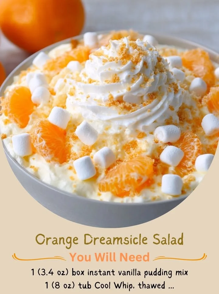 Colorful Orange Dreamsicle Salad with citrus fruits and creamy dressing.