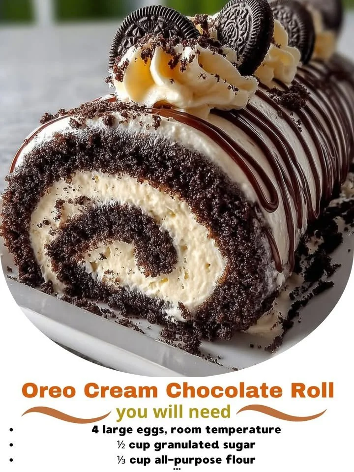 Delicious Oreo Cream Chocolate Roll dessert with chocolate and cream filling.