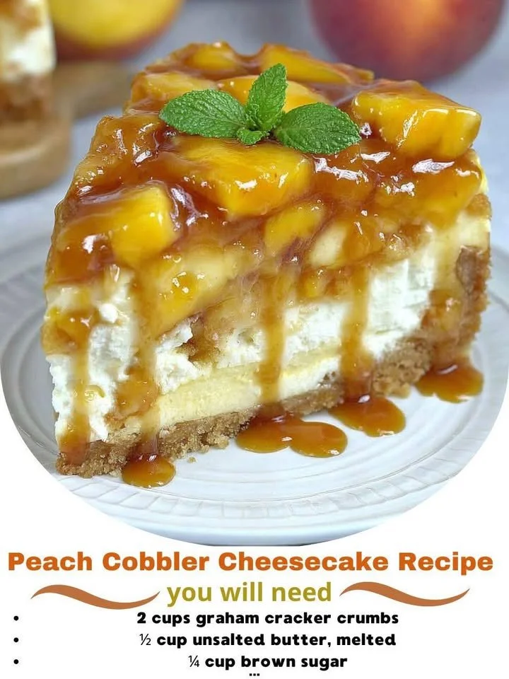 Slice of Peach Cobbler Cheesecake topped with fresh peaches and whipped cream.