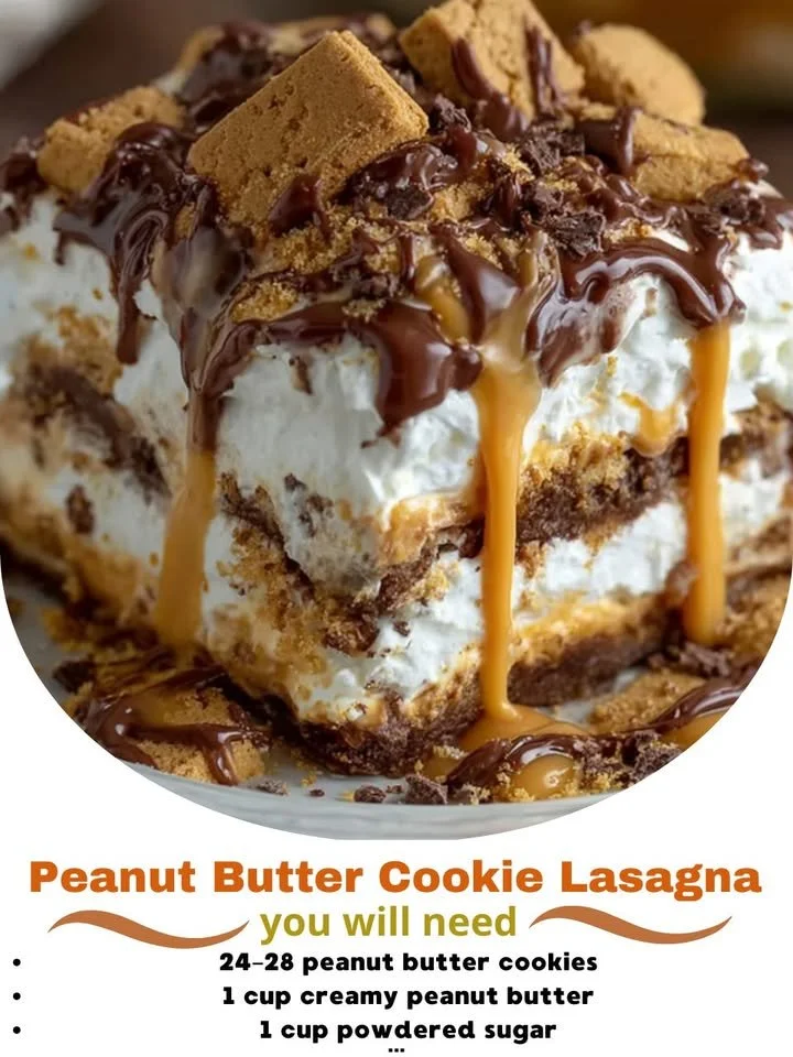 Delicious Peanut Butter Cookie Lasagna dessert with layers of creamy peanut butter and cookies.