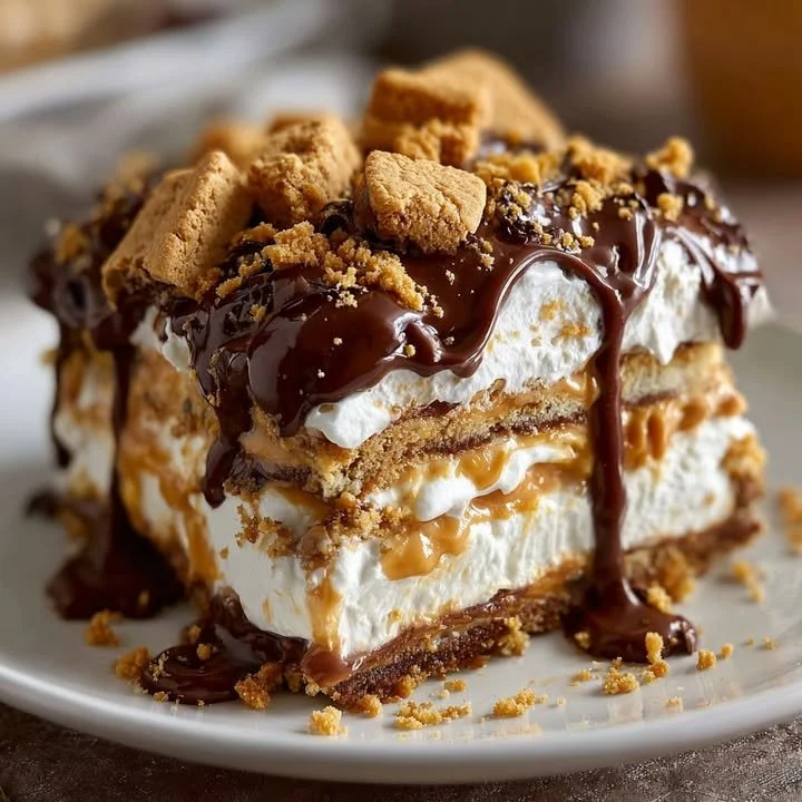 Delicious Peanut Butter Cookie Lasagna with layers of creamy peanut butter and cookies