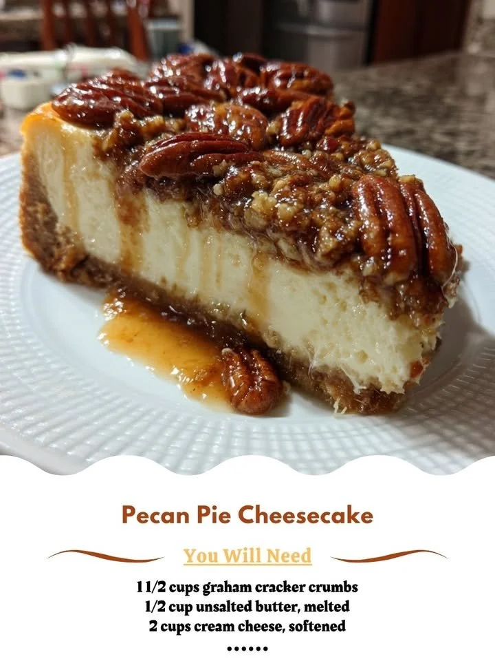 Delicious slice of pecan pie cheesecake topped with caramel and pecans