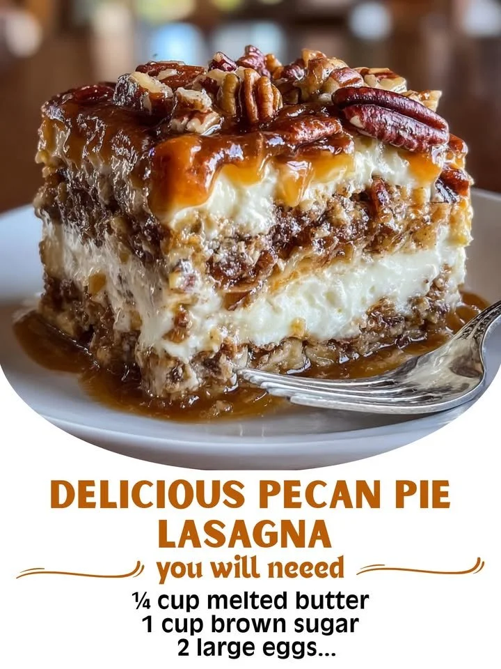 Slice of Pecan Pie Lasagna served on a plate with whipped cream