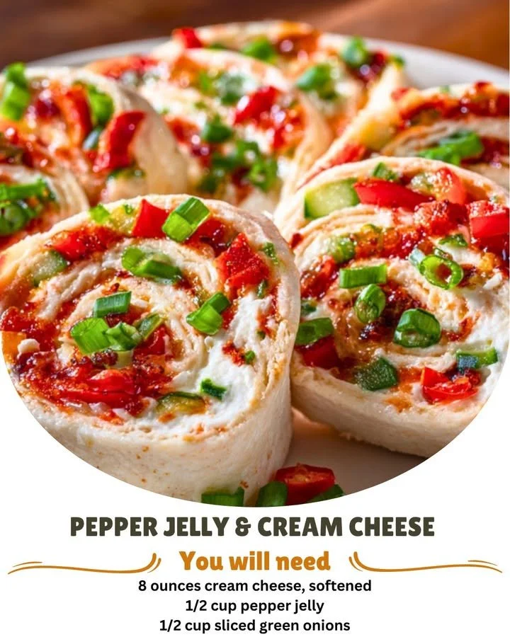 Delicious pepper jelly and cream cheese pinwheels on a platter