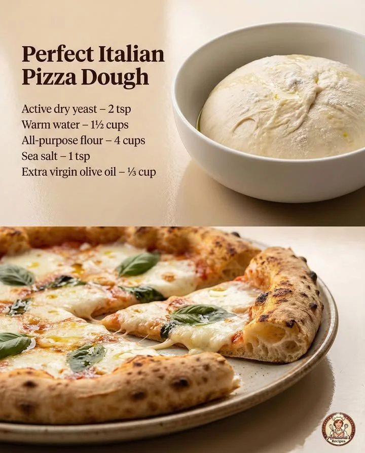 Homemade Italian pizza dough being prepared on a kitchen counter.